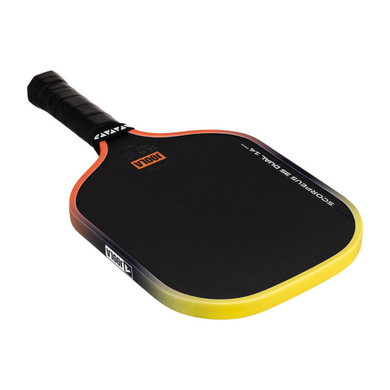 Pickleball paddle with black and yellow design on a white background