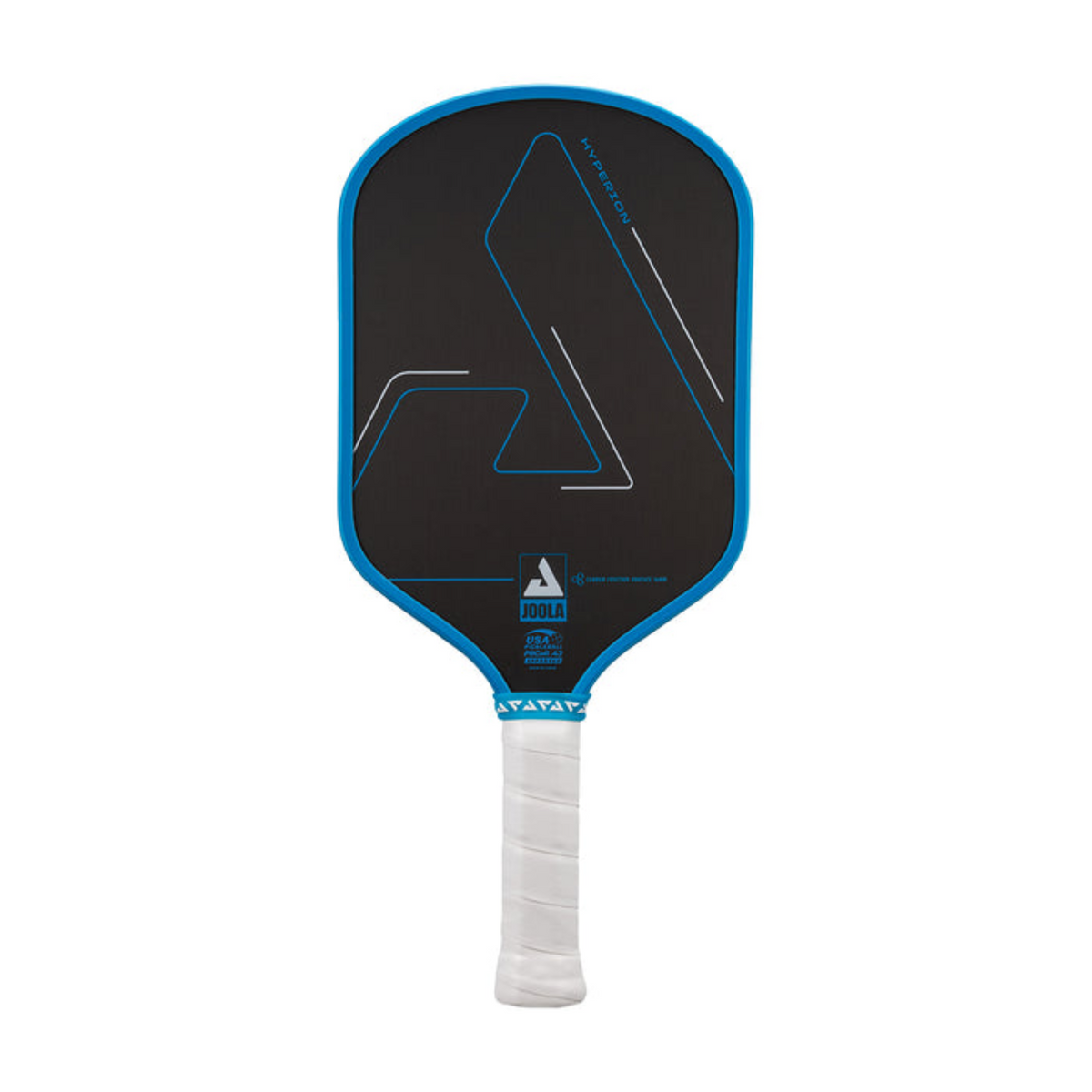 Pickleball paddle with black face and blue rim on a white background