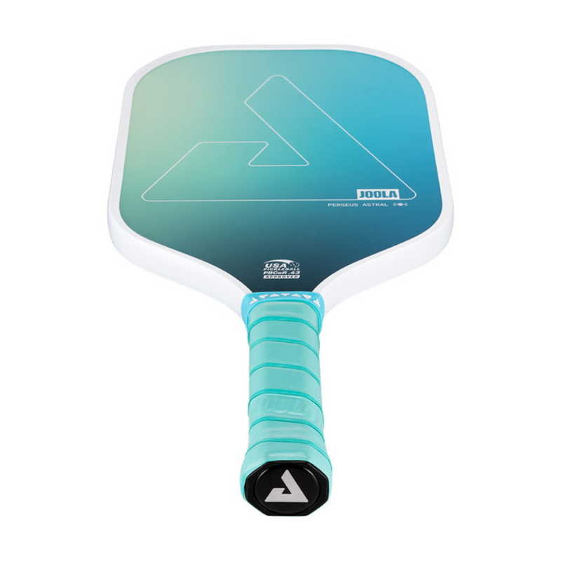 Teal pickleball paddle with white accents on a white background