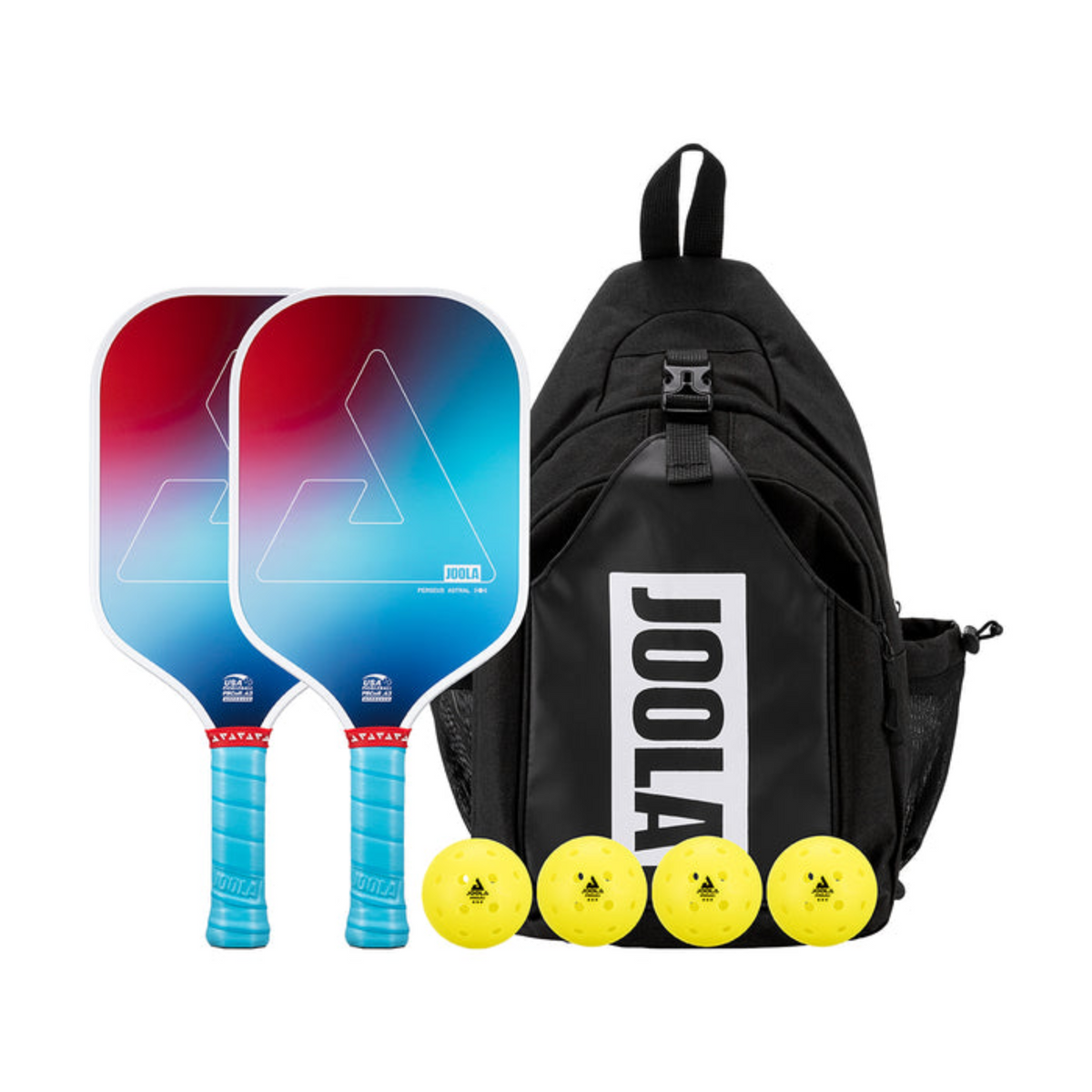 Two pickleball paddles with a black bag and yellow balls on a white background