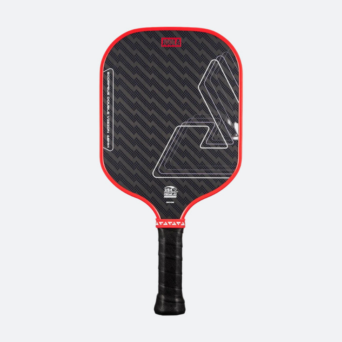 Pickleball paddle with red border and black pattern on a white background