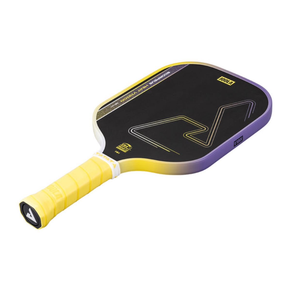 Black and yellow pickleball paddle on a white background