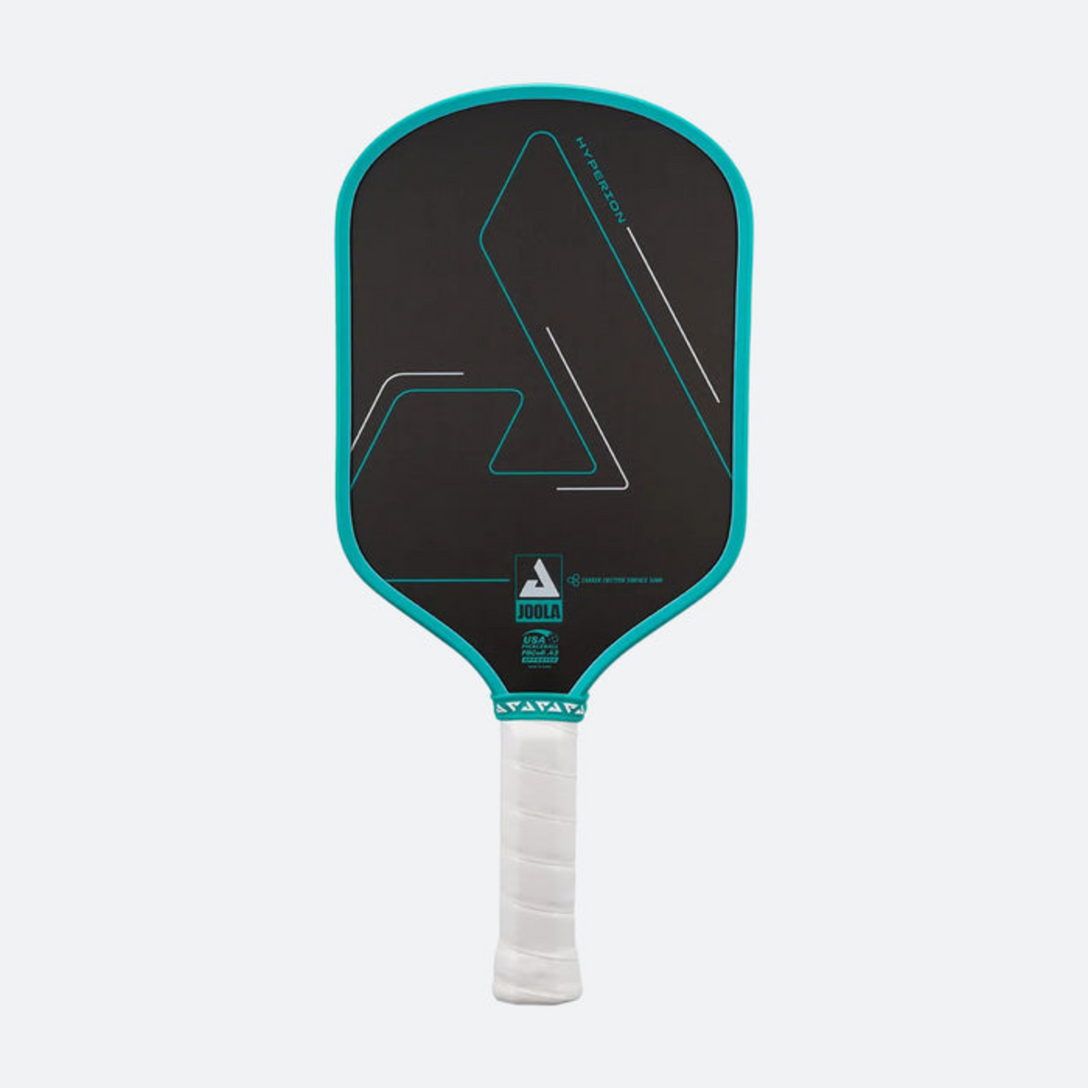 Pickleball paddle with black face and teal border on a white background
