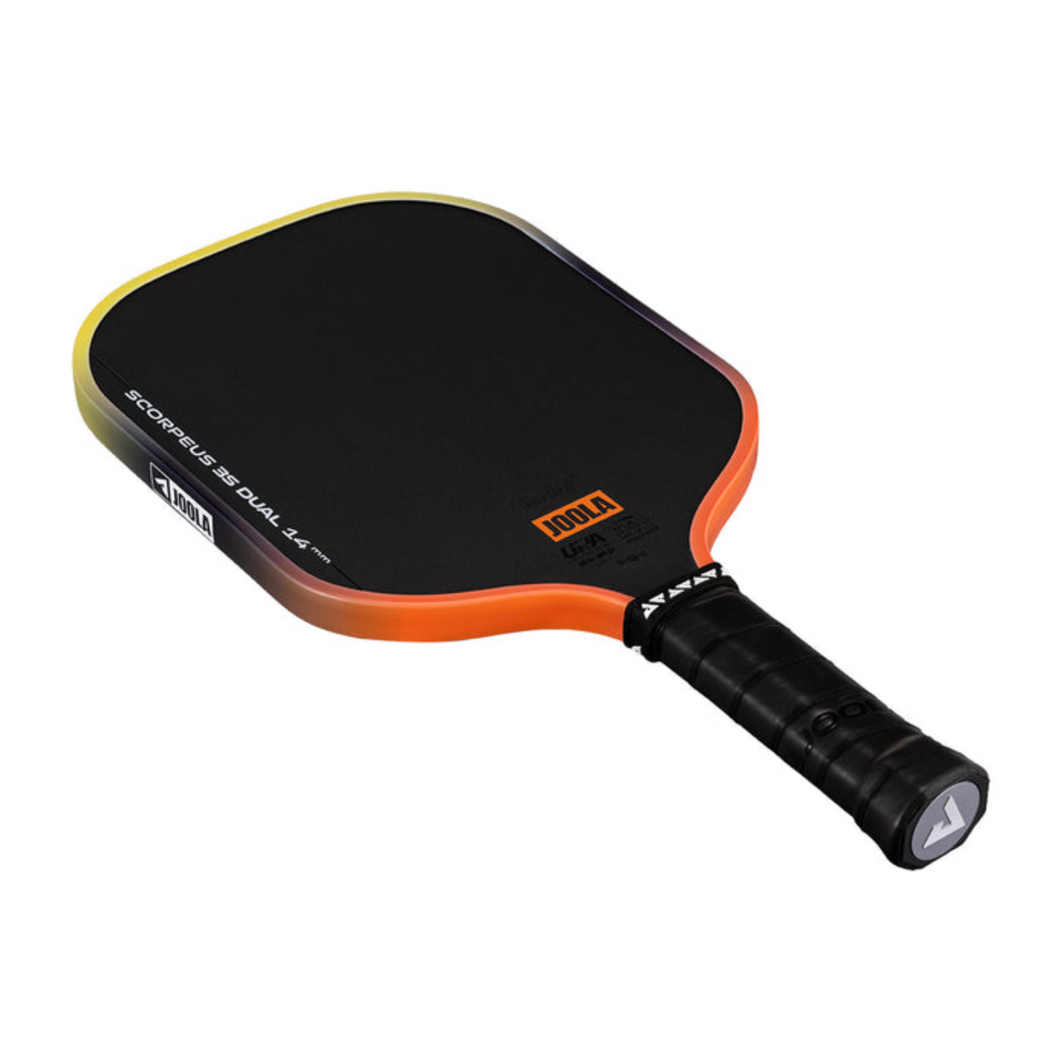 Pickleball paddle with black and orange design on a white background
