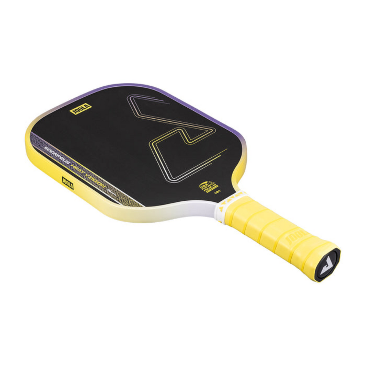 Yellow and black pickleball paddle on a white background