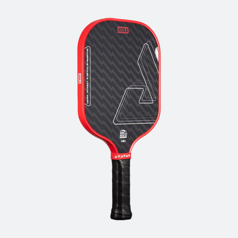 Red and black pickleball paddle on a light gray background