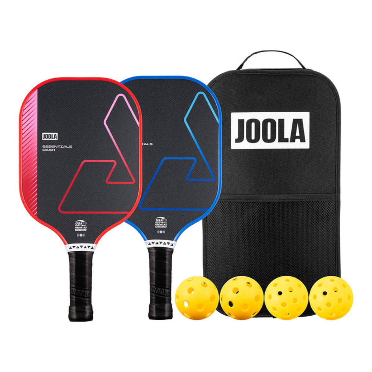 Two pickleball paddles with red and blue designs, a black carrying case, and four yellow balls on a white background.