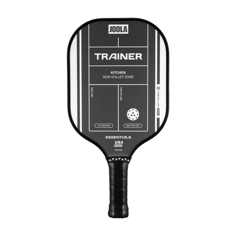 Black pickleball paddle with white text on a white background