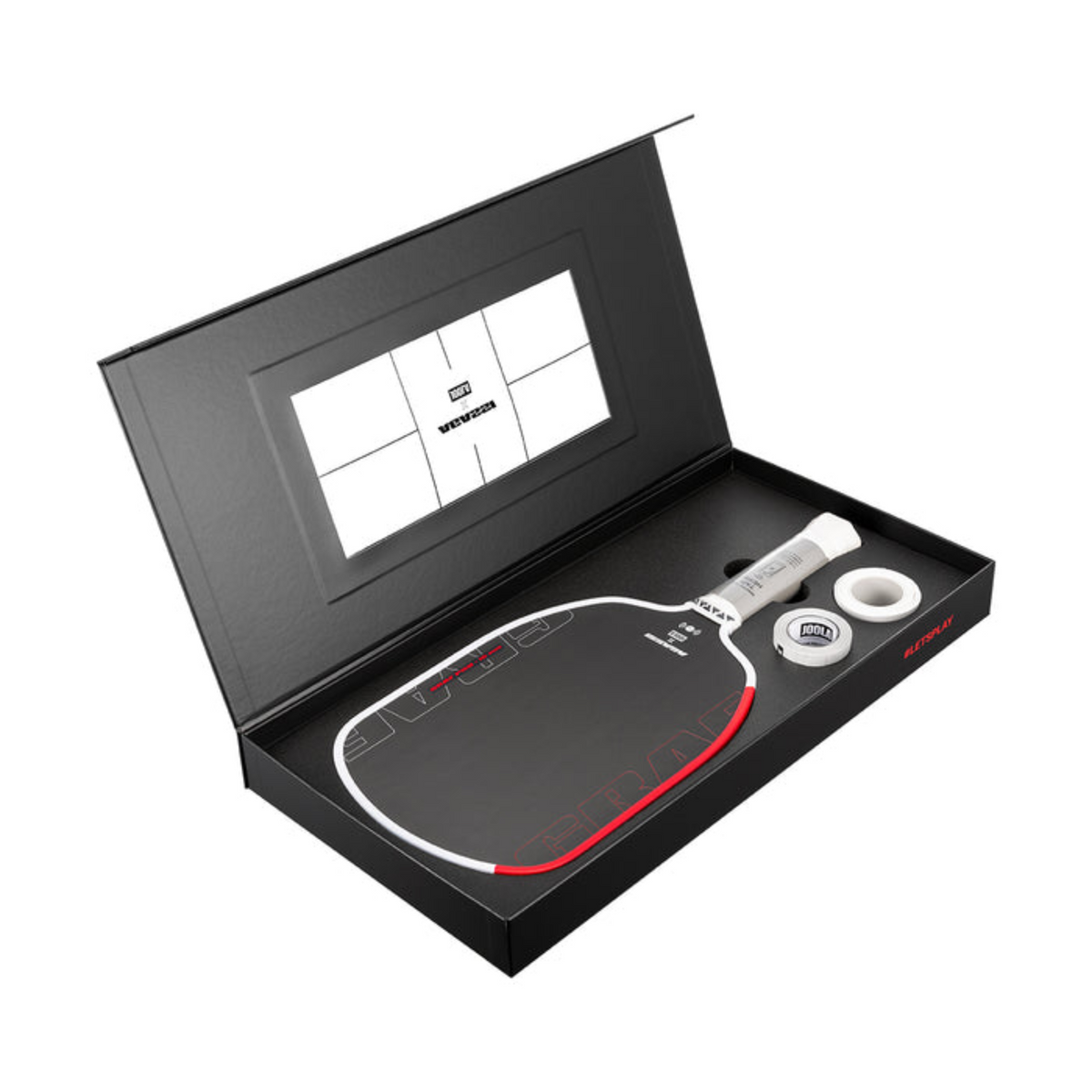 Table tennis paddle with accessories in a black box on a white background