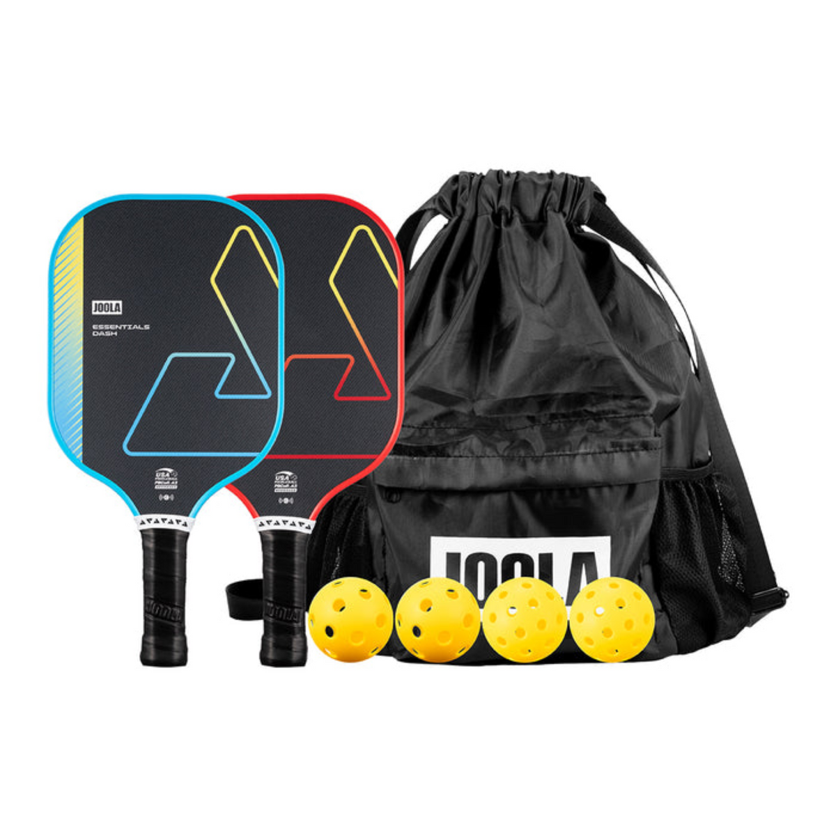 Two pickleball paddles with colorful designs, four yellow balls, and a black drawstring bag on a white background.