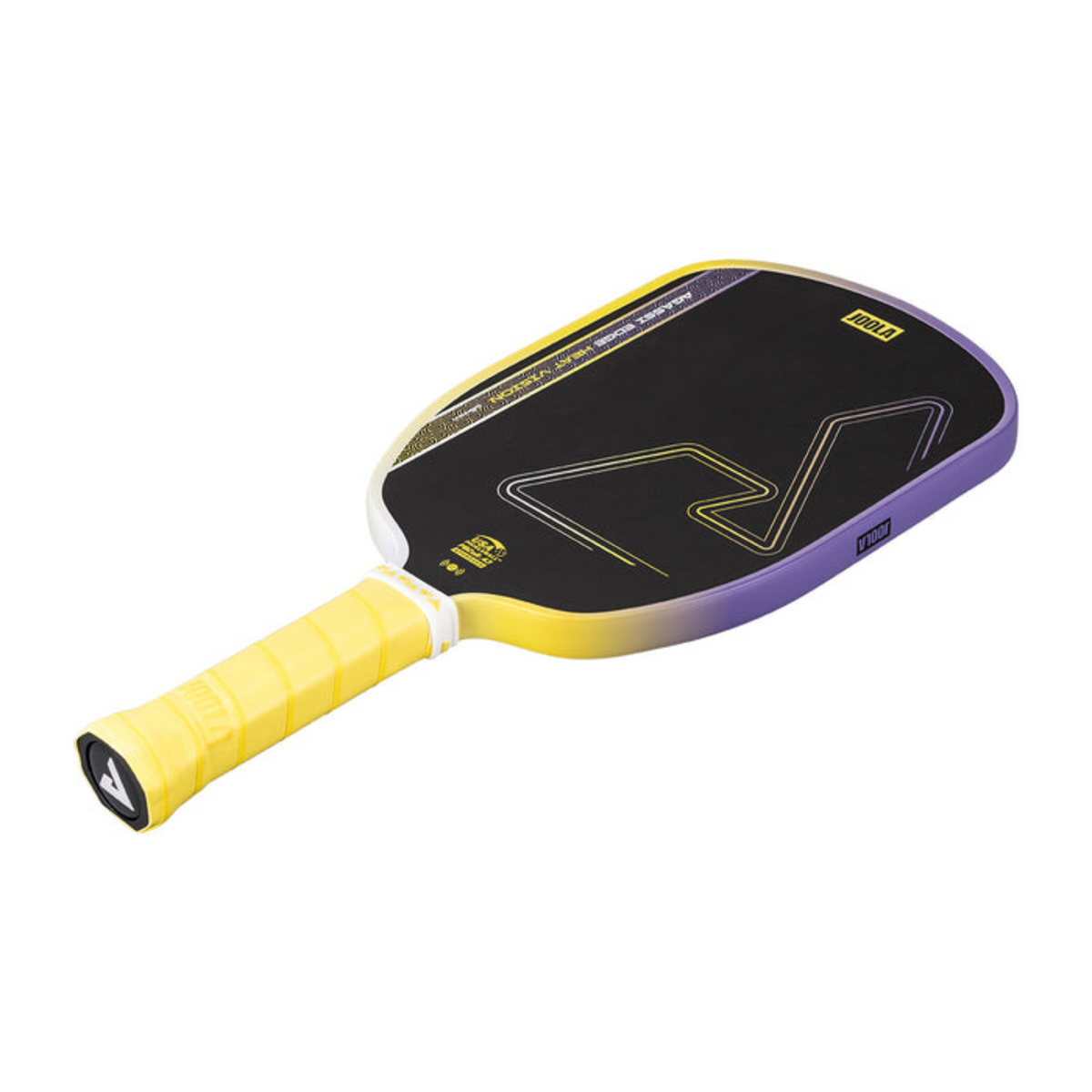 Yellow and purple pickleball paddle on a white background