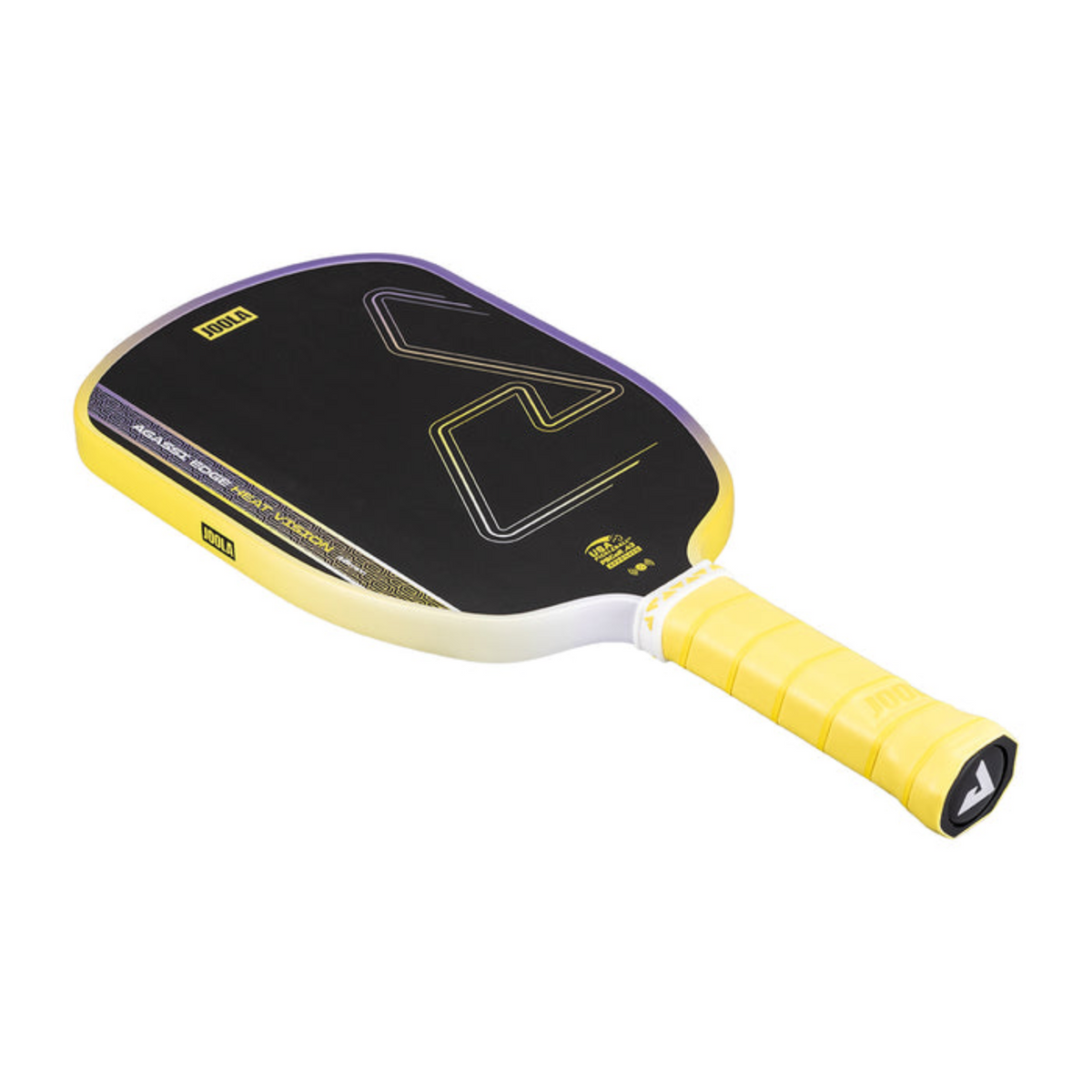 Yellow and black pickleball paddle on a white background