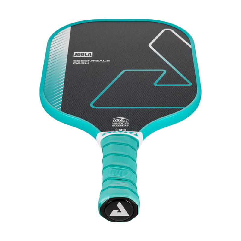 Teal and black pickleball paddle with brand logo on a white background