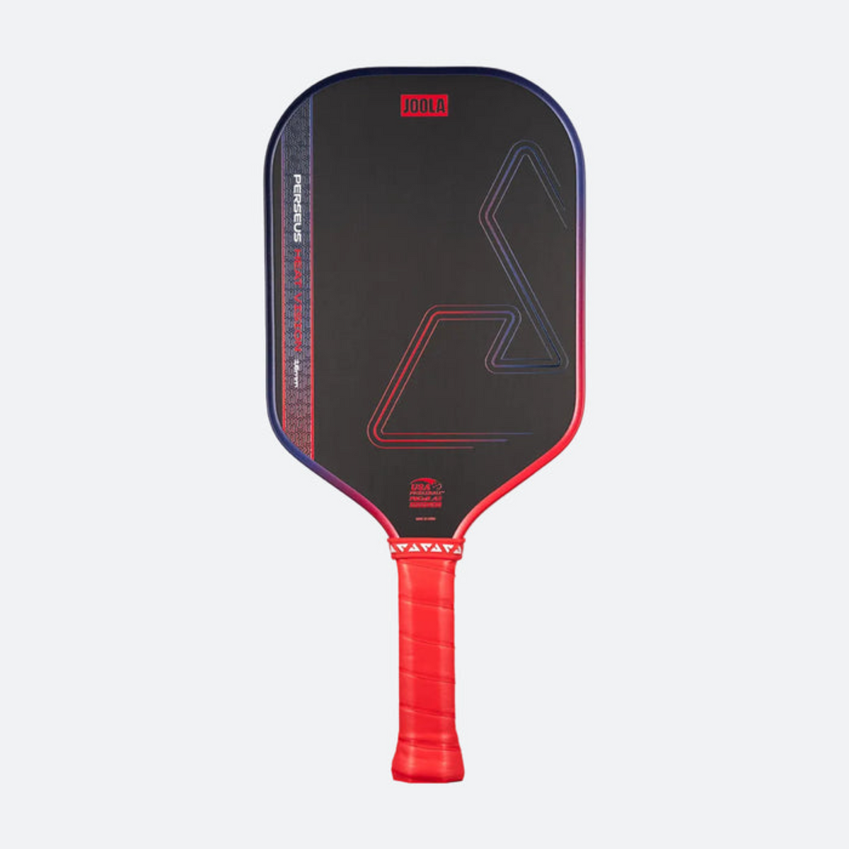Black and red pickleball paddle on a white background