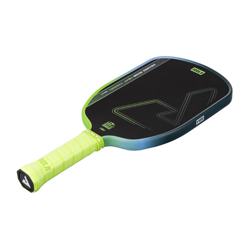 Pickleball paddle with green handle and black face on a white background