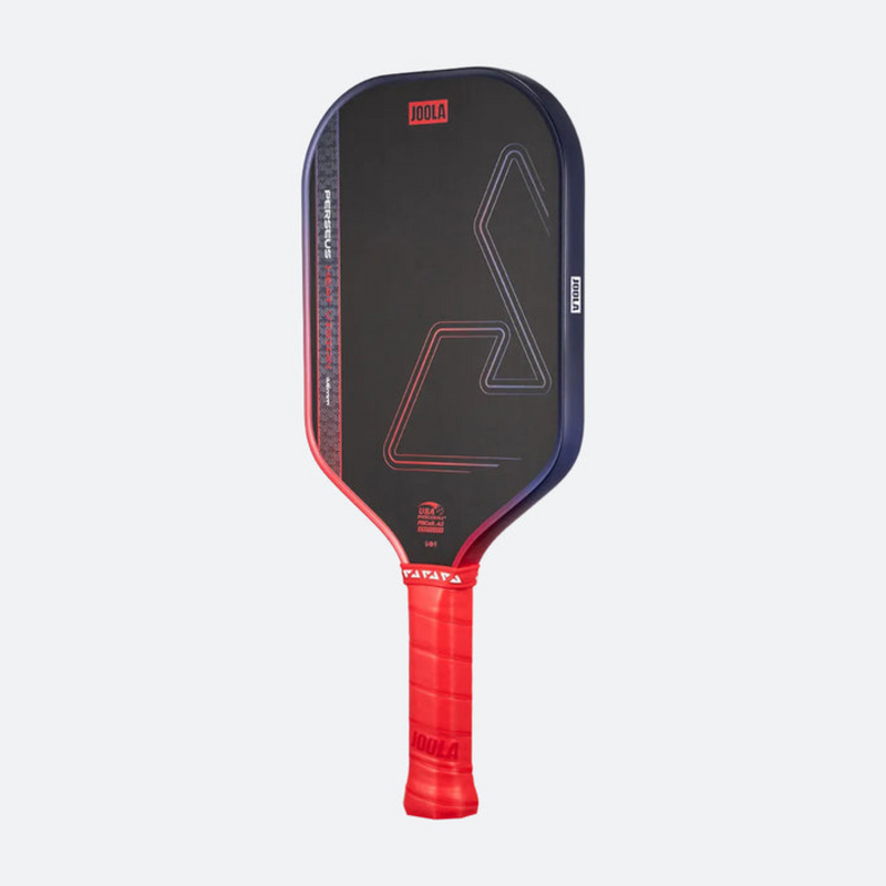 Pickleball paddle with black and red design on a light gray background