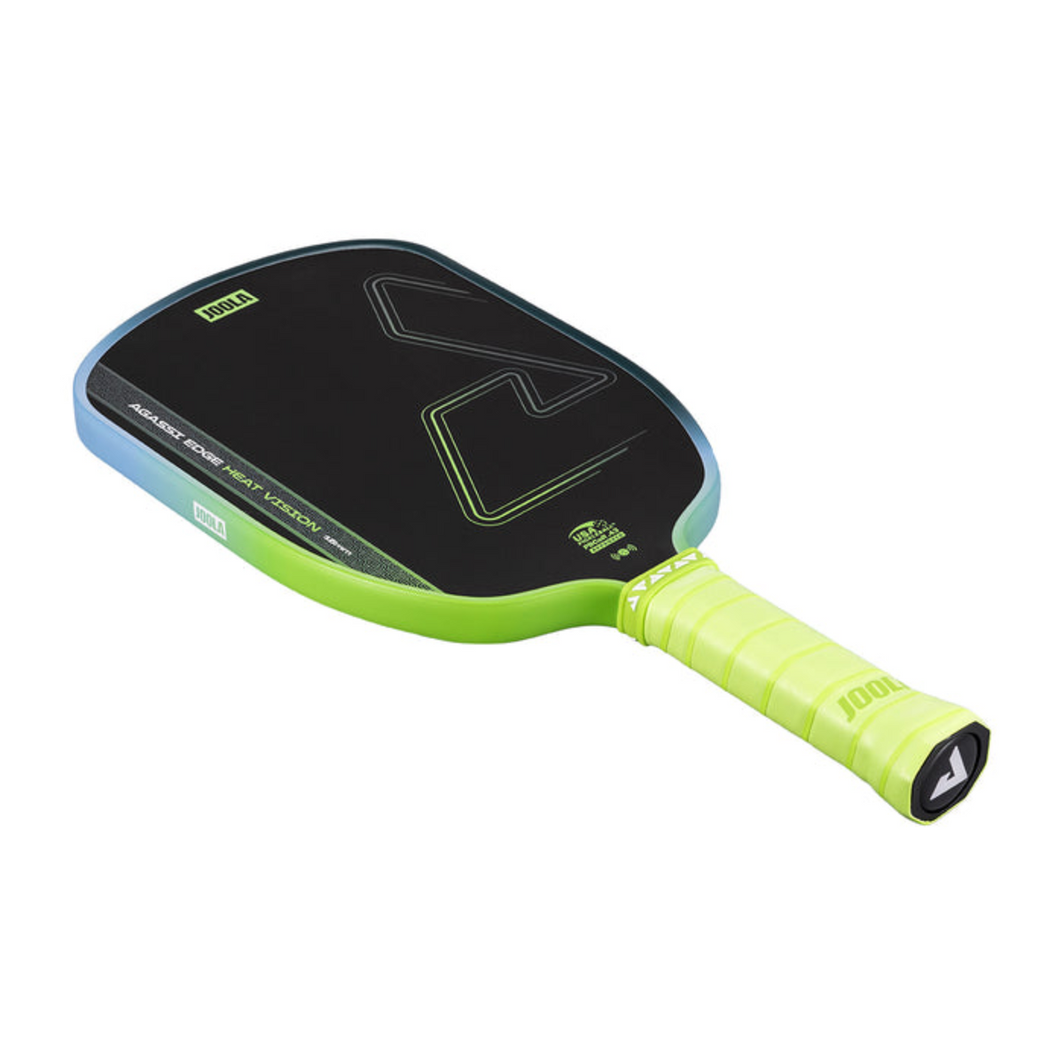 Pickleball paddle with black face and green handle on a white background