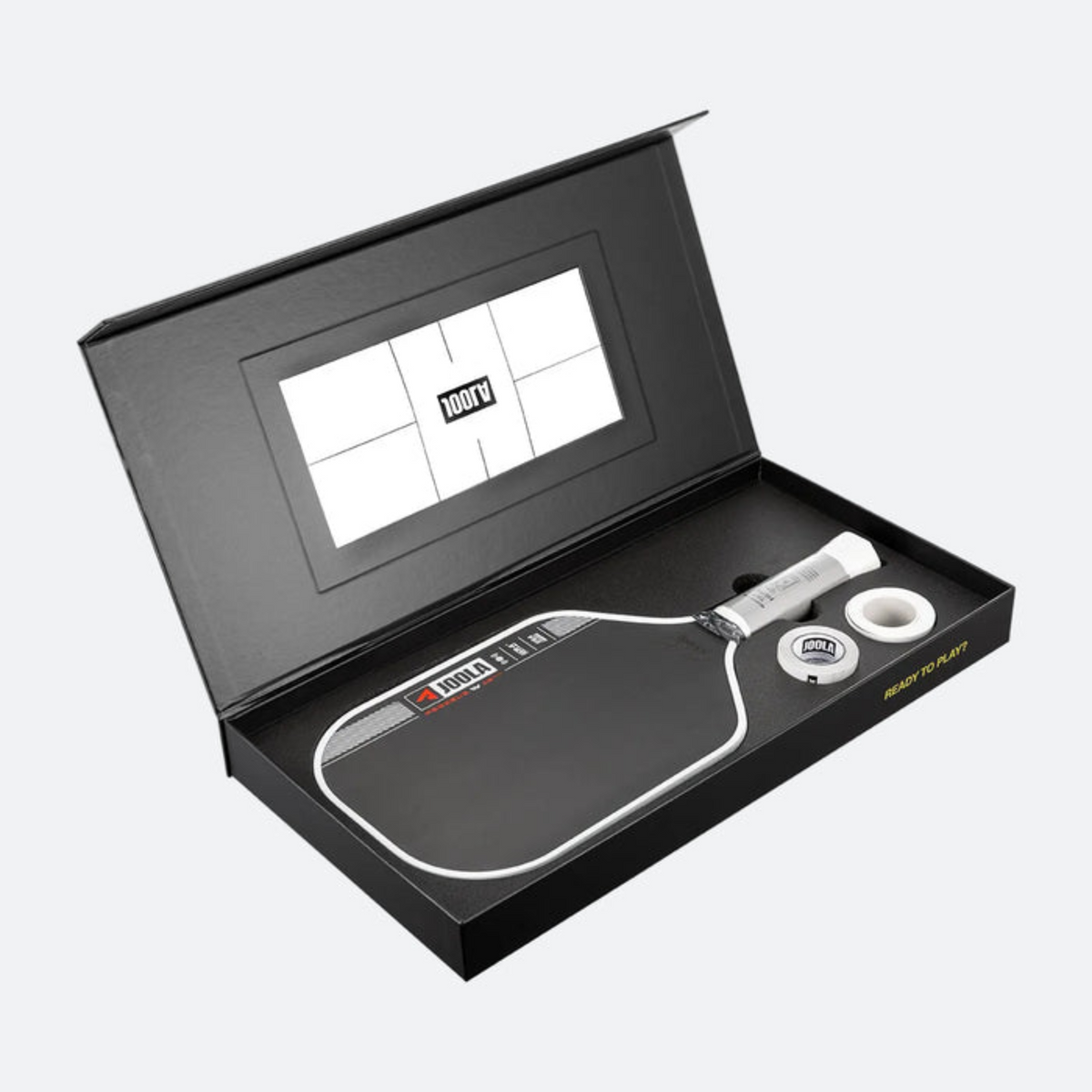 Table tennis racket and ball set in a black box with a brand logo.