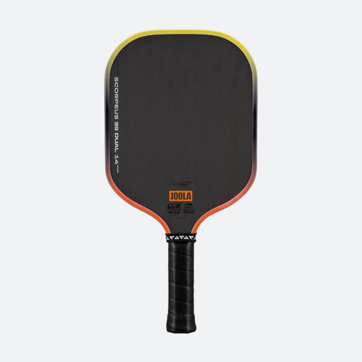 Black pickleball paddle with orange accents on a white background