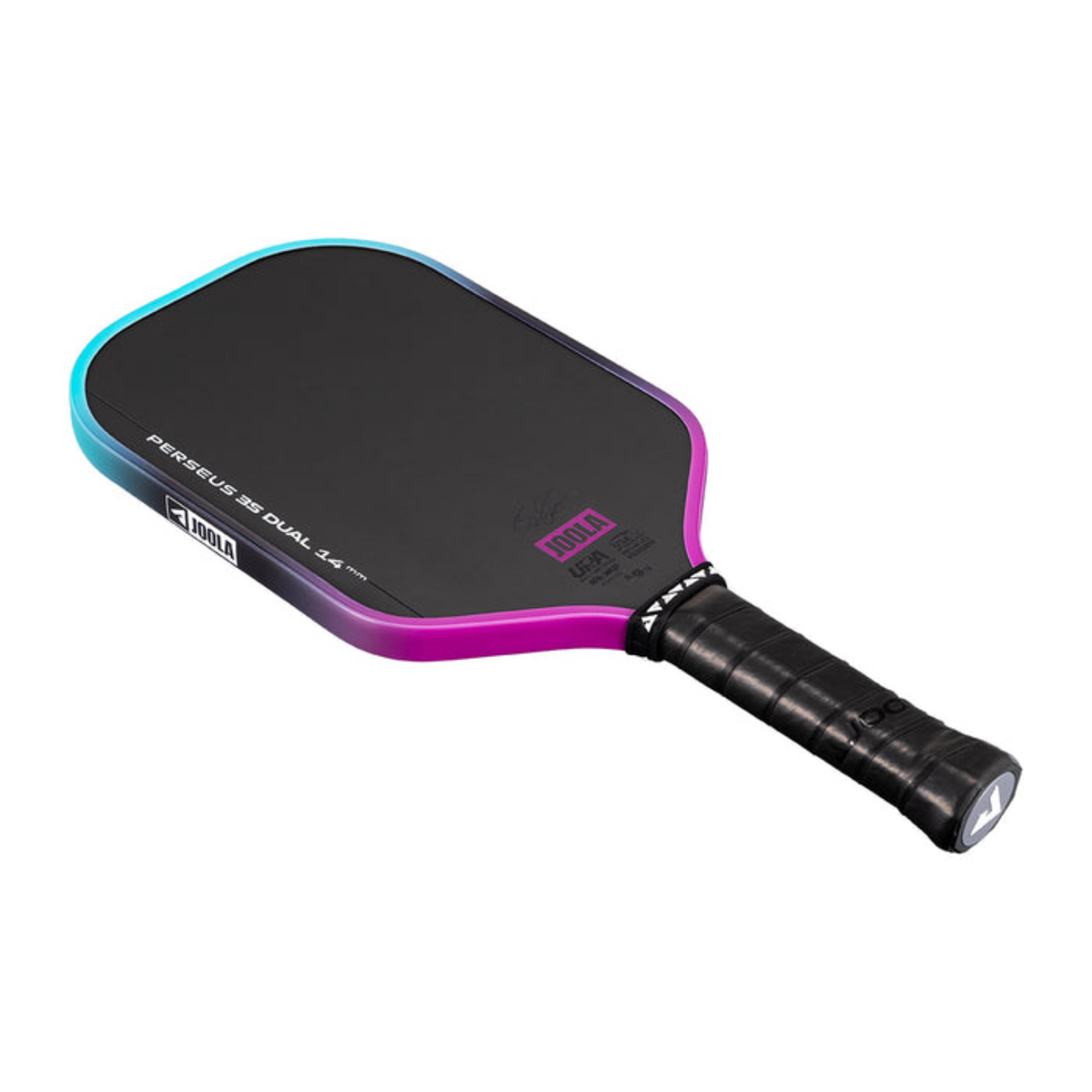 Pickleball paddle with black and pink design on a white background