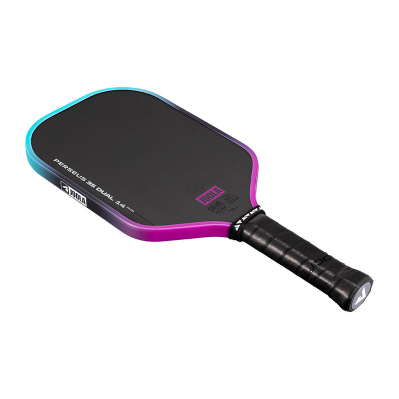 Pickleball paddle with black and pink design on a white background