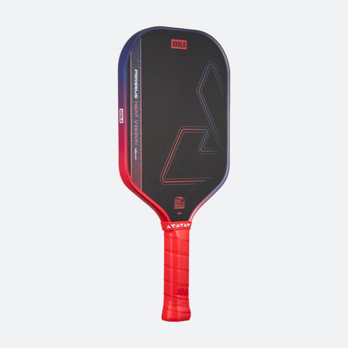 Black and red pickleball paddle on a light gray background