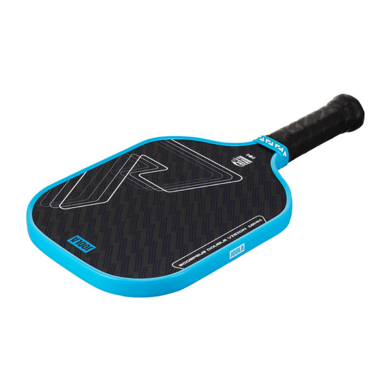 Blue and black pickleball paddle on a white background