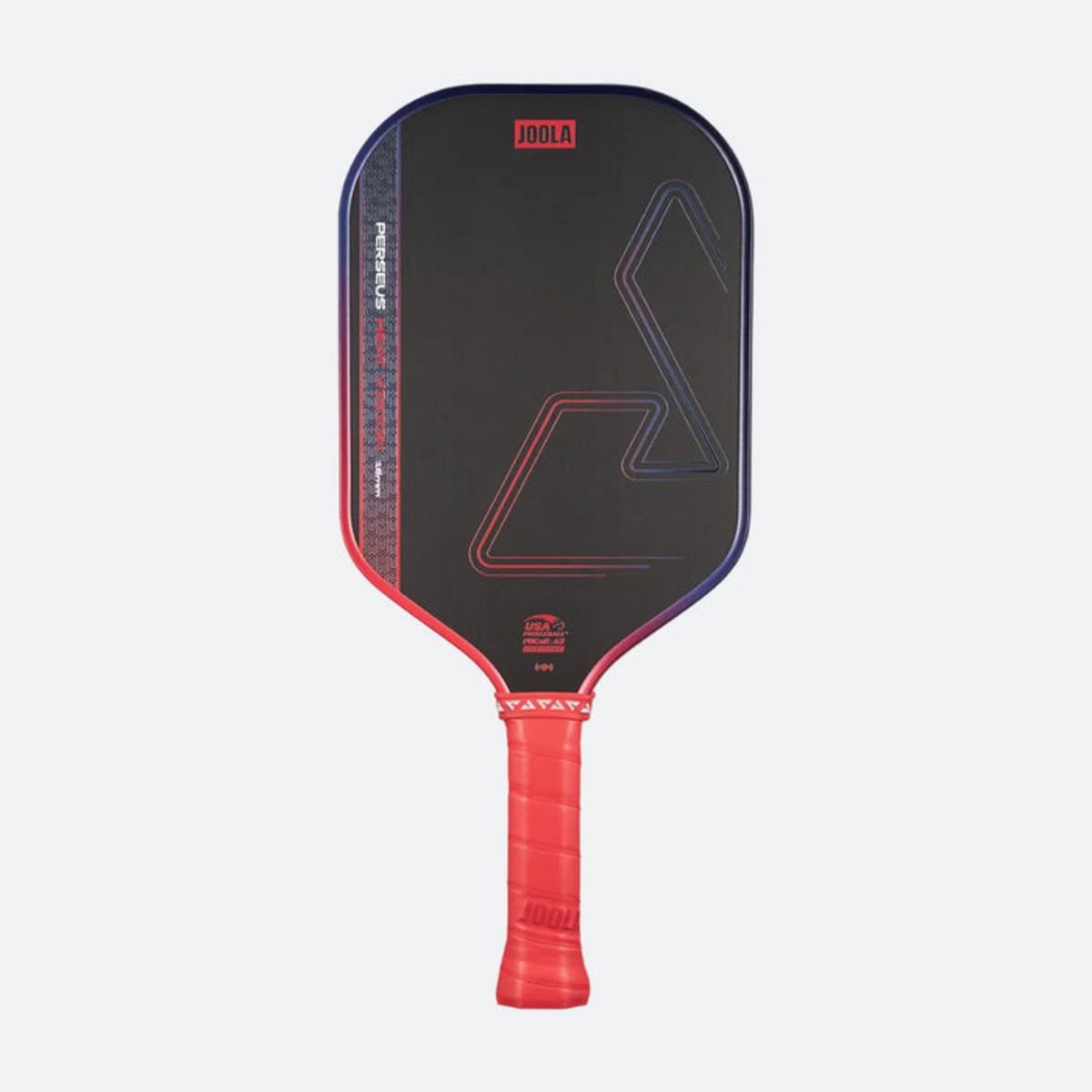 Black and red pickleball paddle on a light gray background