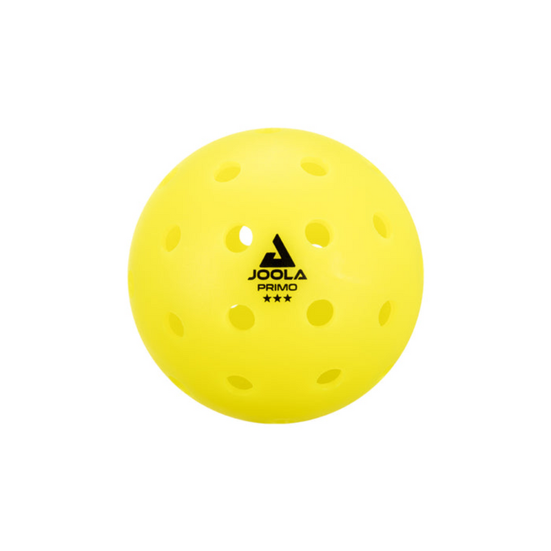 Yellow pickleball with Joola branding on a white background