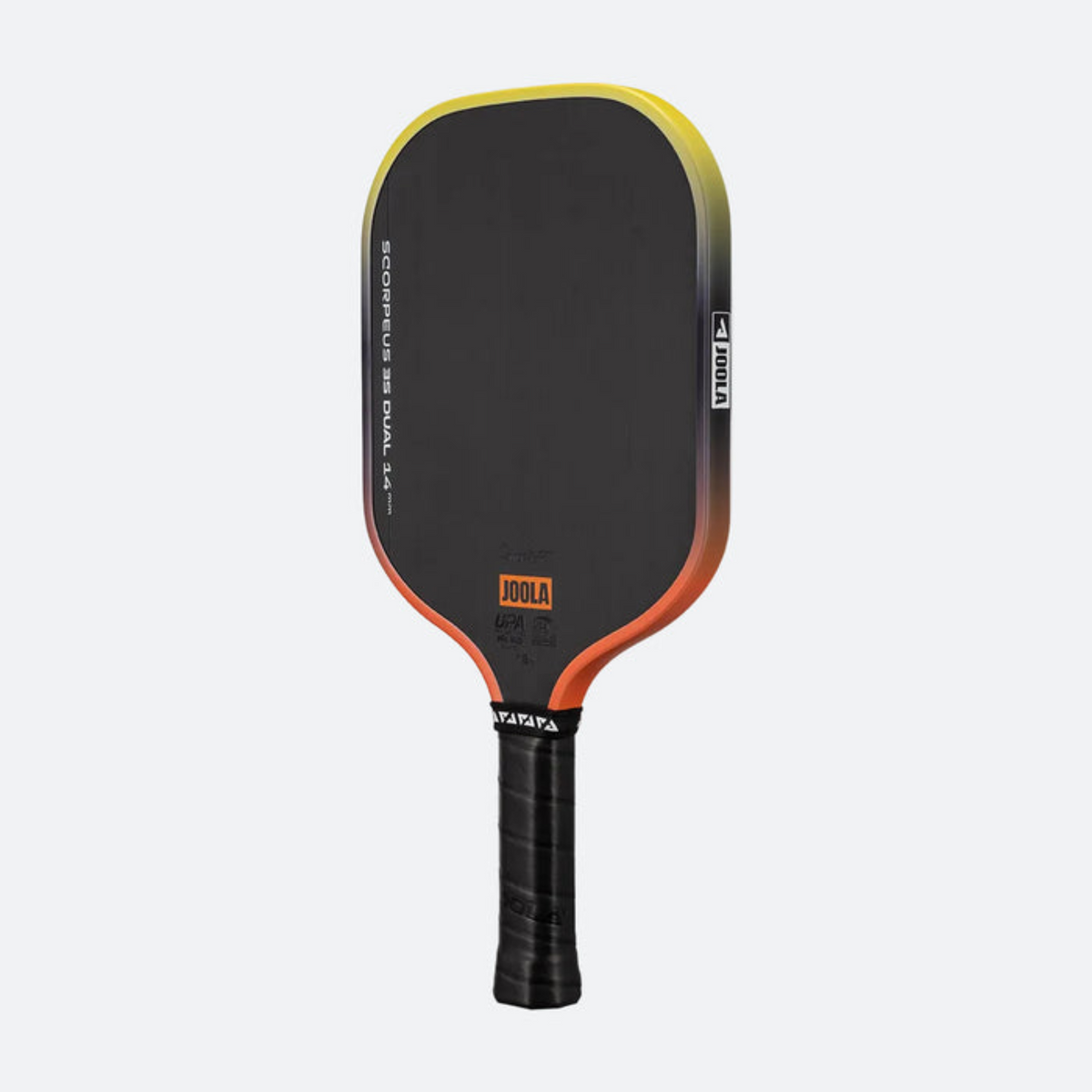 Pickleball paddle with black and orange design on a white background