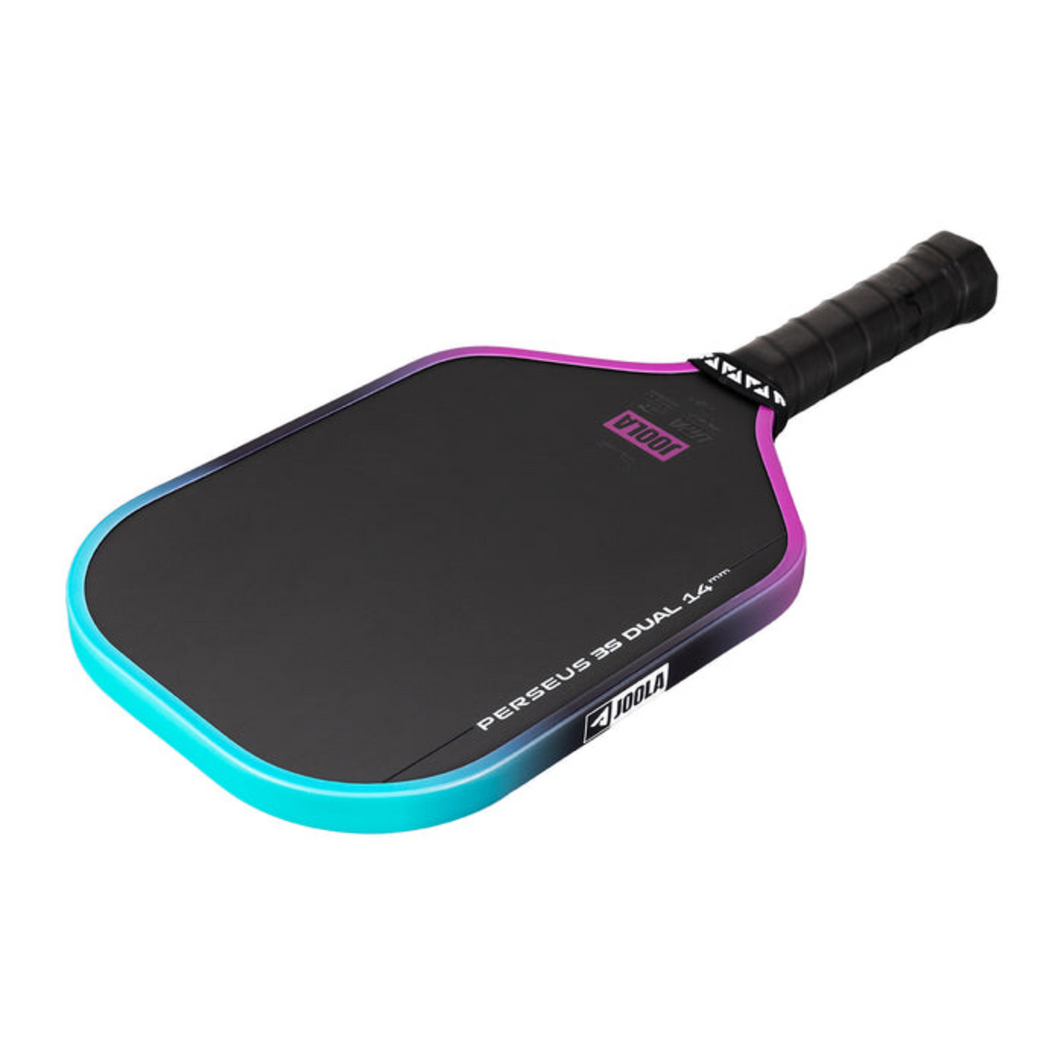 Pickleball paddle with black, blue, and purple design on a white background