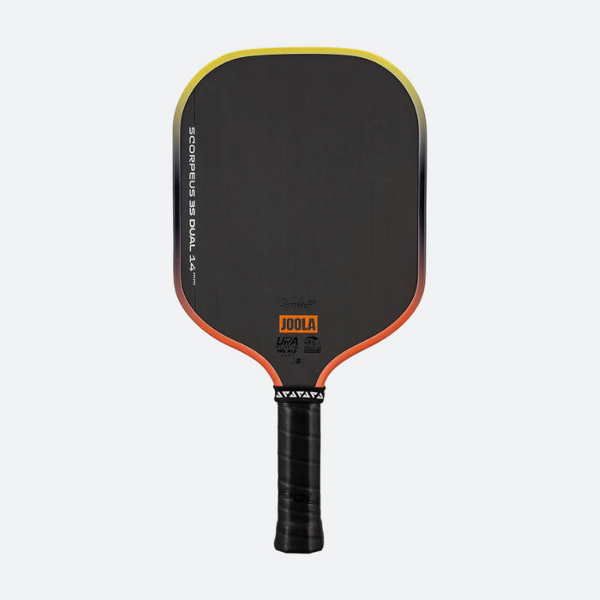 Black and orange pickleball paddle with Joola branding on a white background