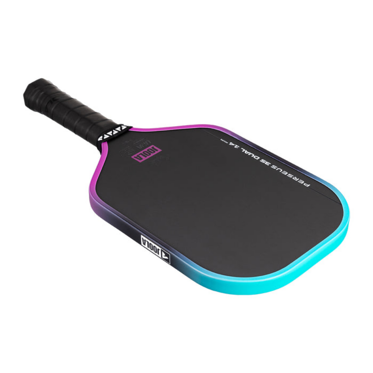 Pickleball paddle with black and blue design on a white background