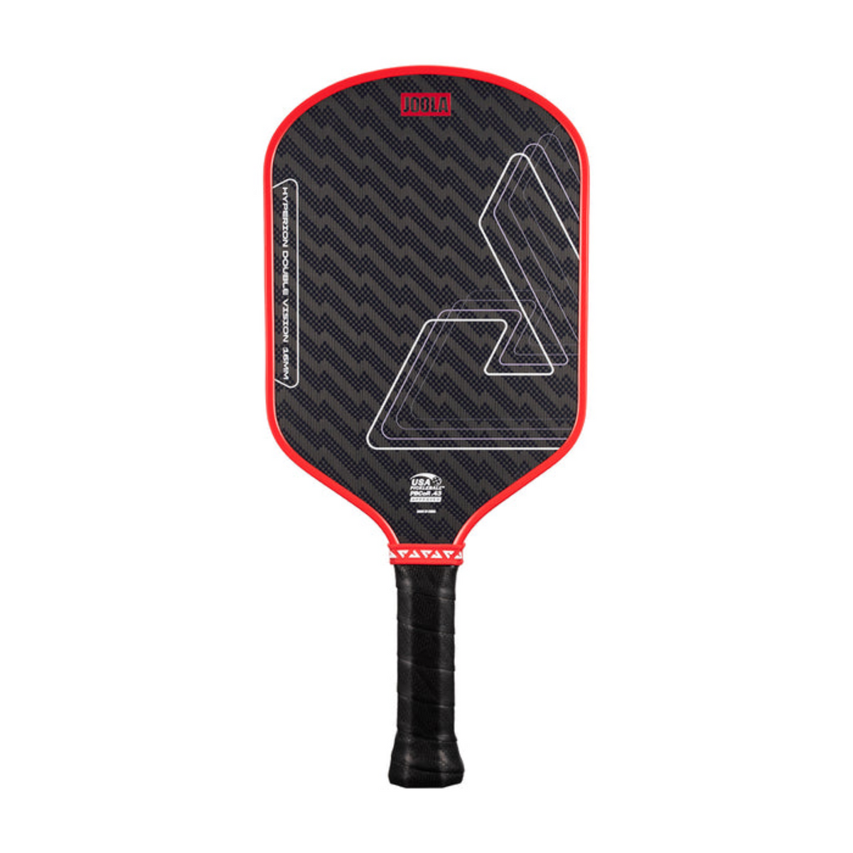 Pickleball paddle with black and red design on a white background