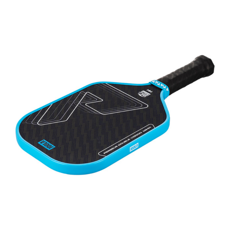 Pickleball paddle with blue and black design on a white background