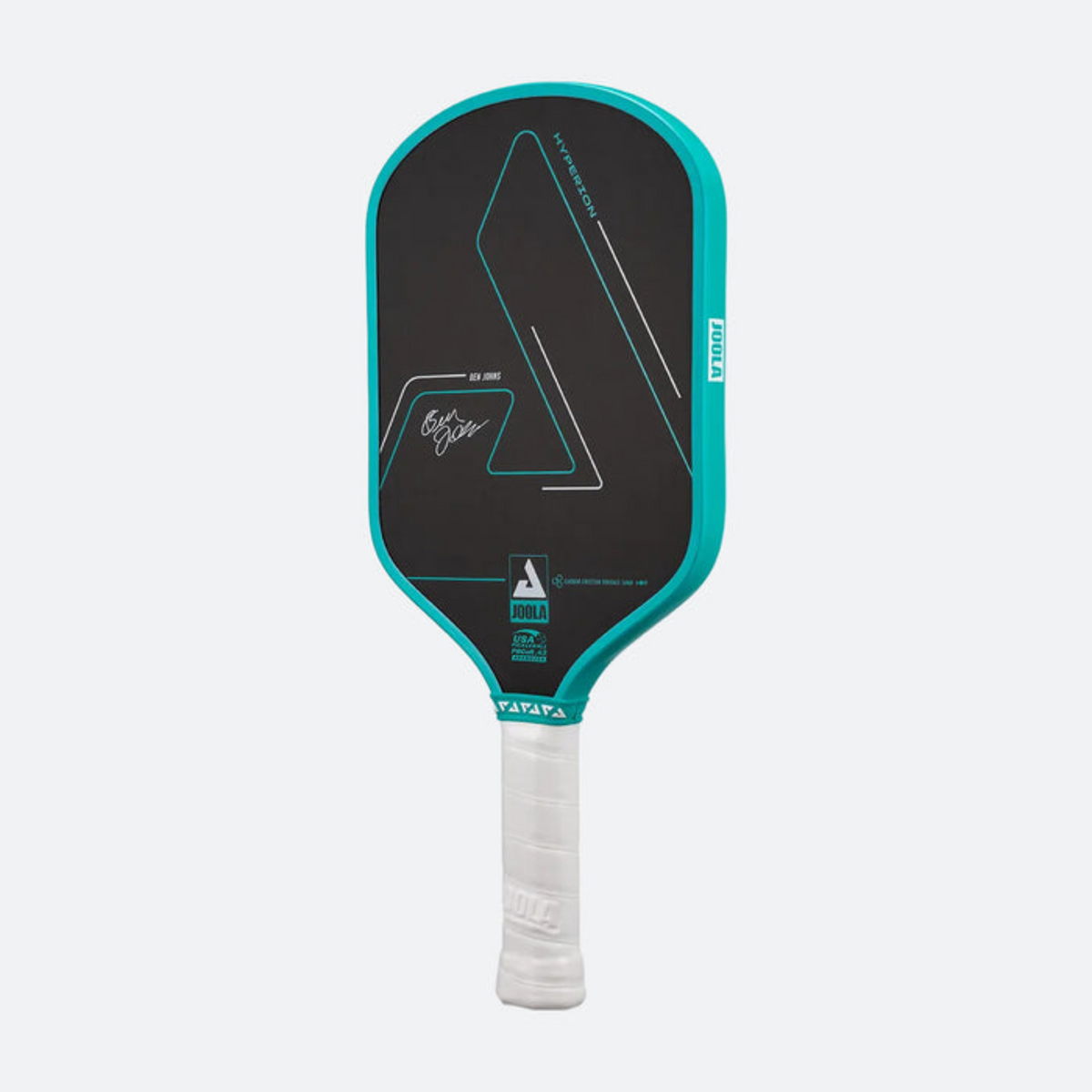 Pickleball paddle with black and teal design on a light gray background