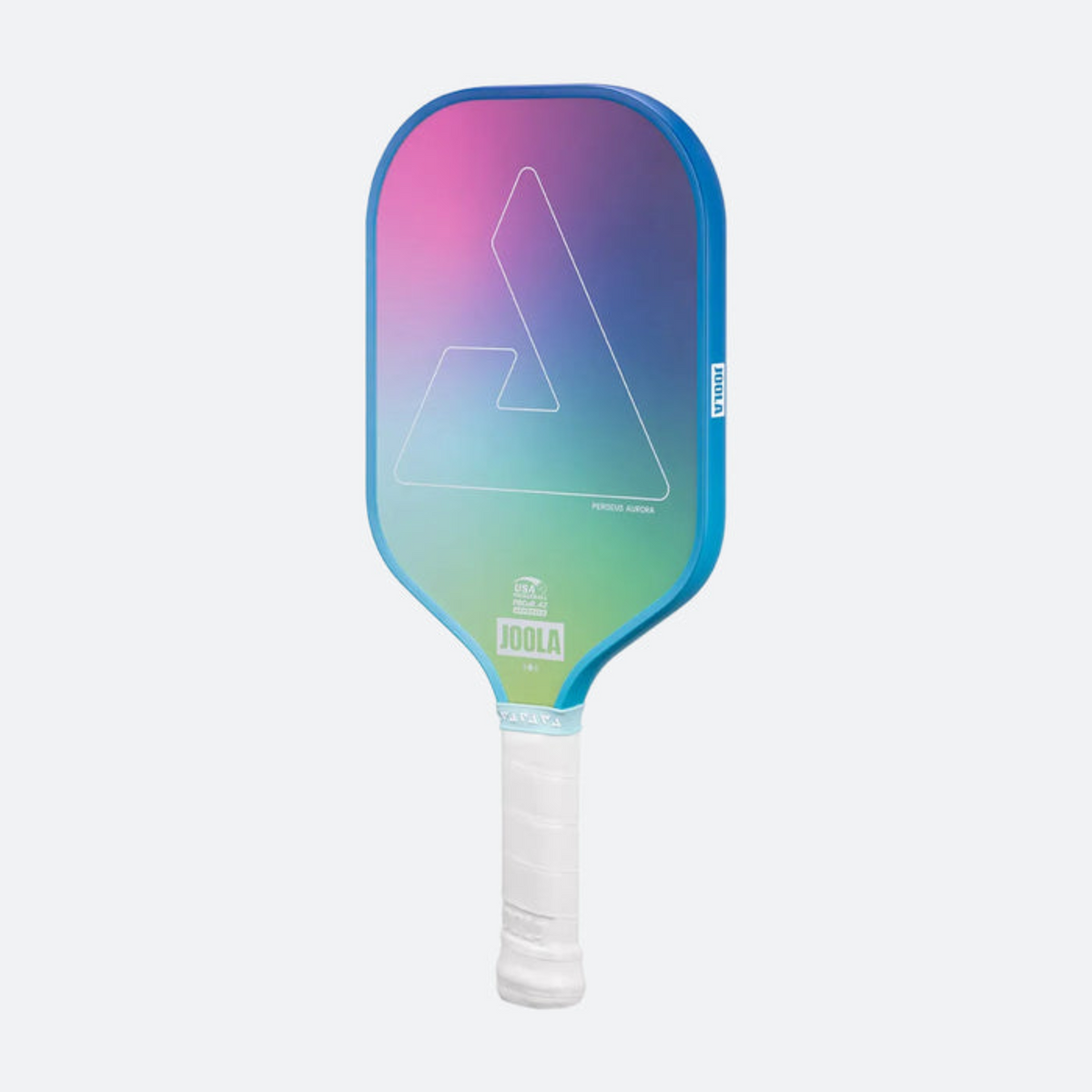 Colorful pickleball paddle with gradient design on a light gray background