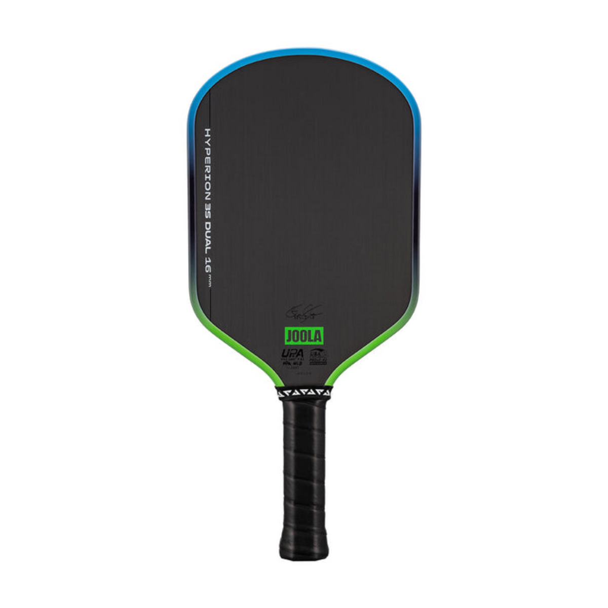 Pickleball paddle with black and green design on a white background