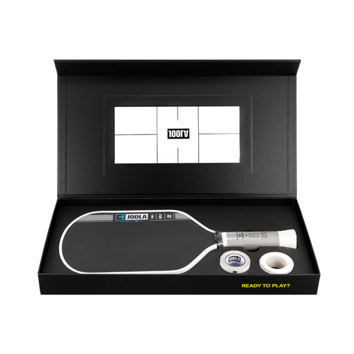 Table tennis paddle and balls set in a Joola branded box on a white background