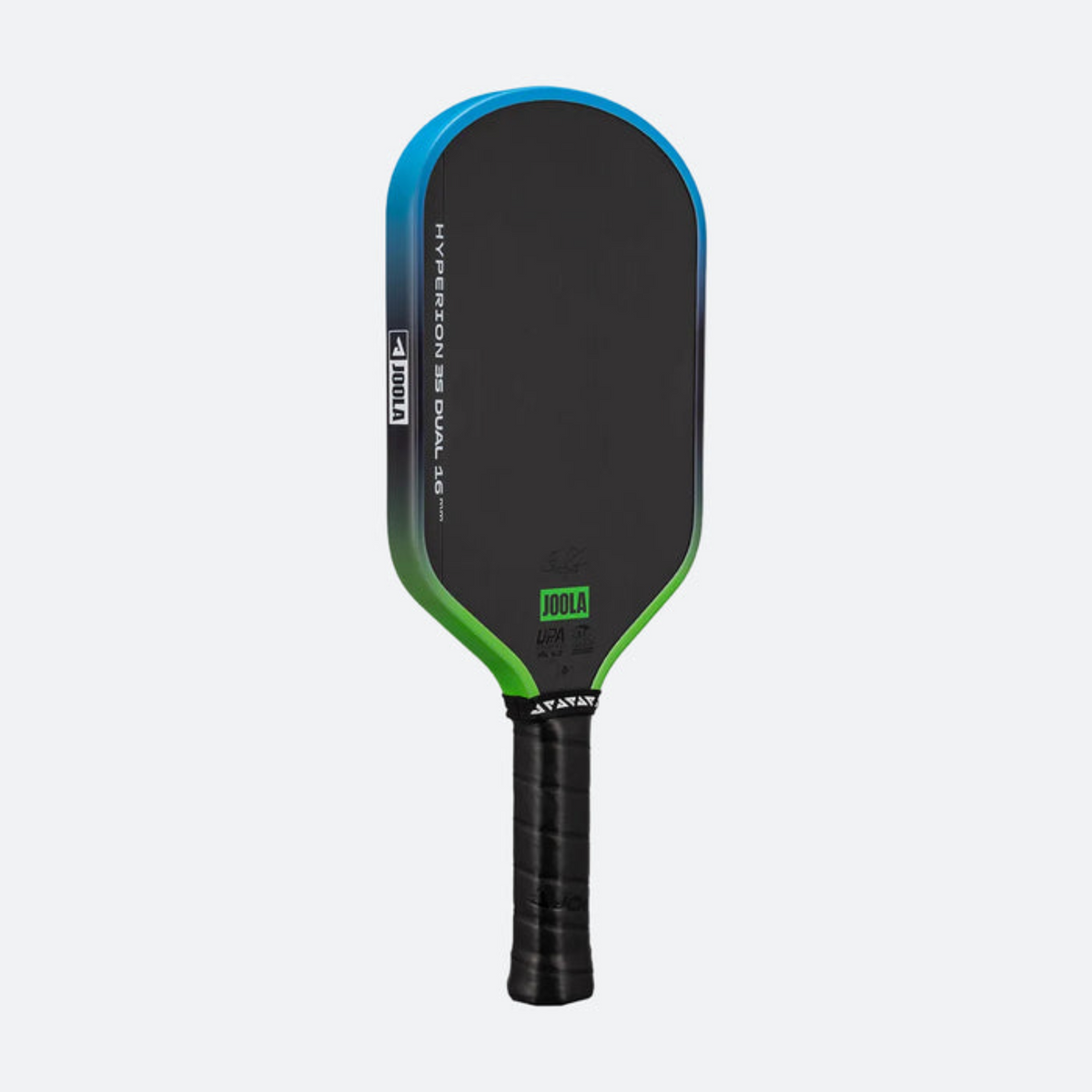 Pickleball paddle with black and green design on a light gray background