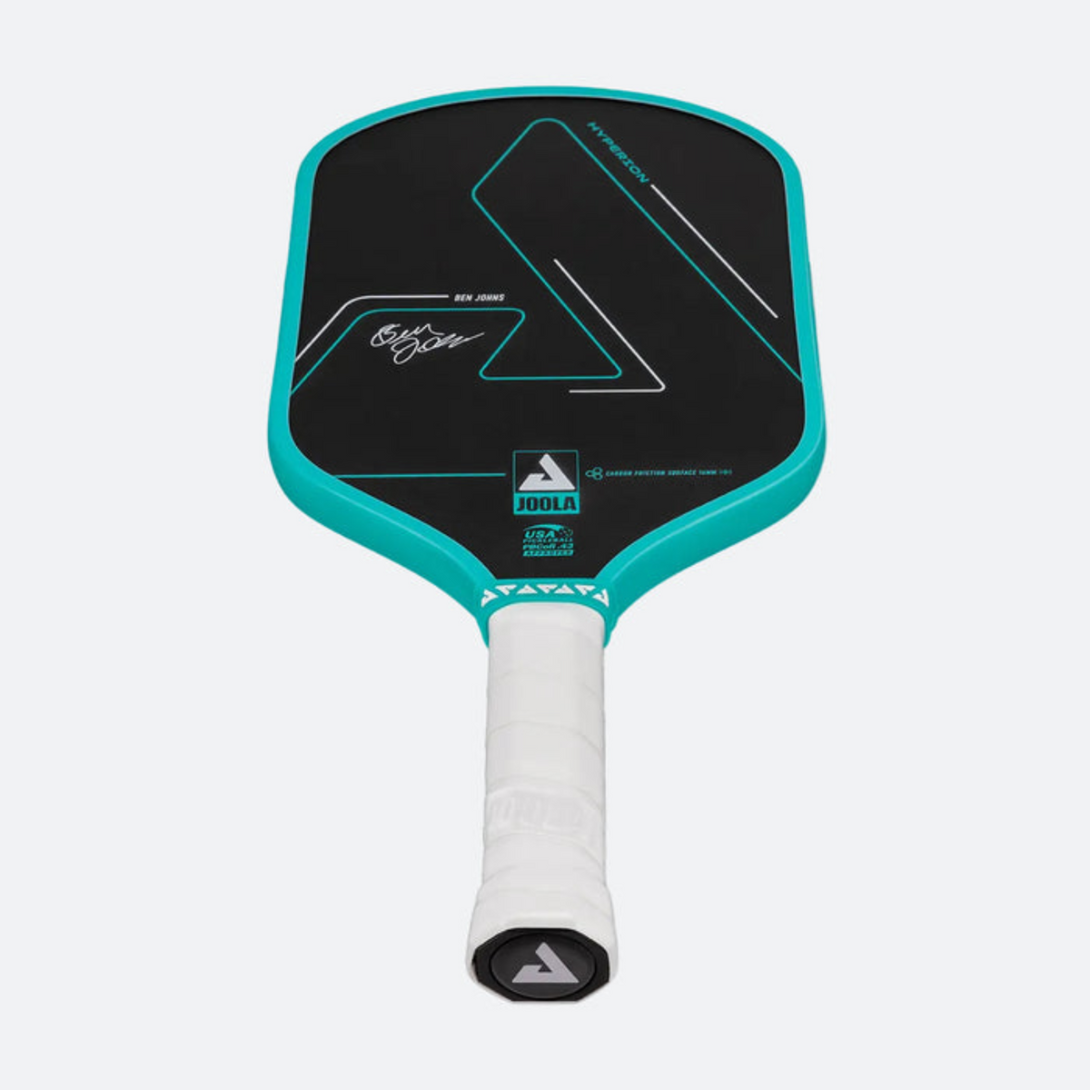 Pickleball paddle with black and teal design on a white background