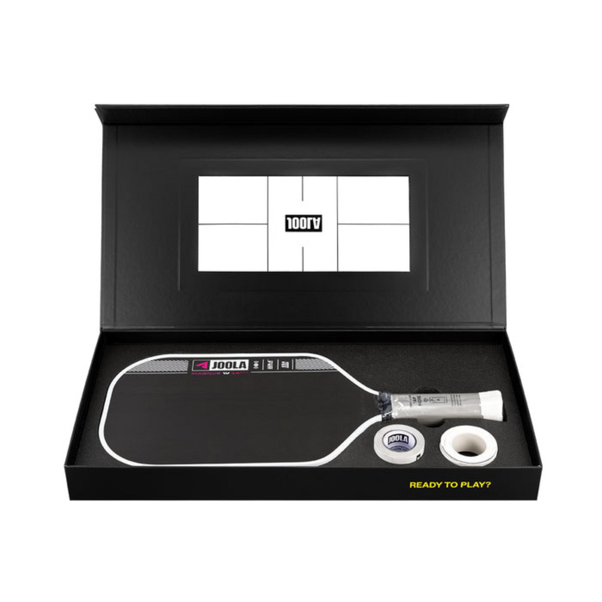 Table tennis paddle and ball set in a black box with JOOLA branding.