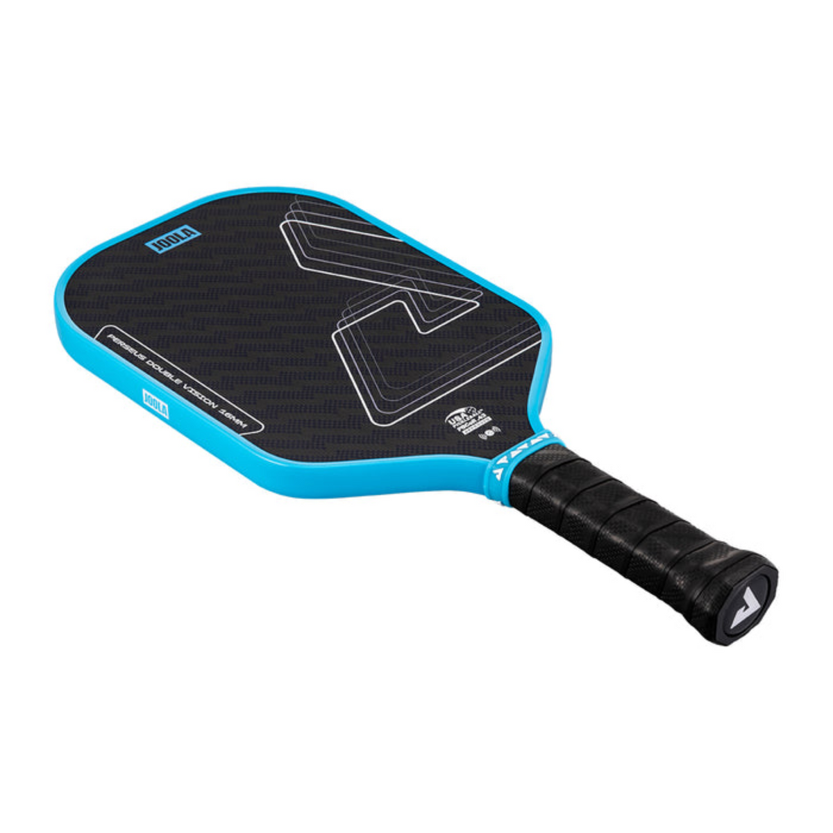Blue and black pickleball paddle on a white background