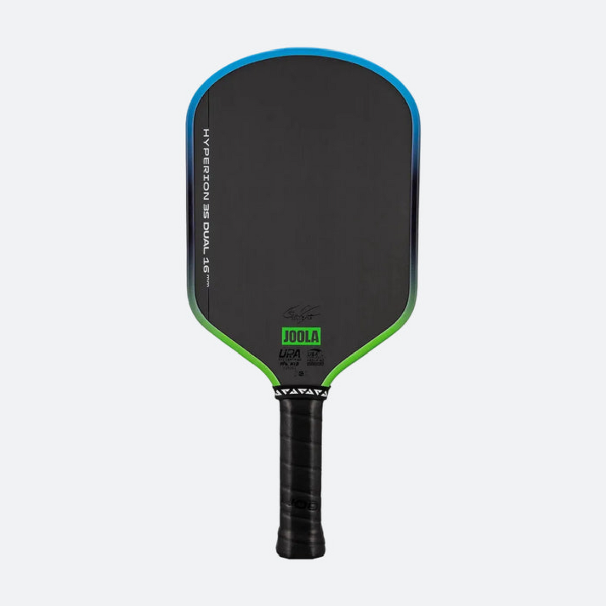 Black and green pickleball paddle with Joola branding on a white background