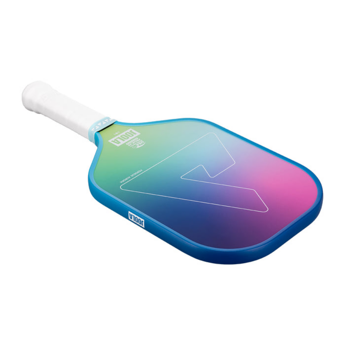 Gradient blue to pink pickleball paddle on a white background