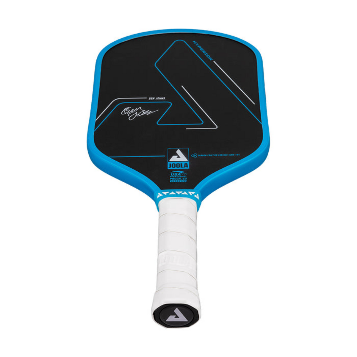 Pickleball paddle with black and blue design on a white background