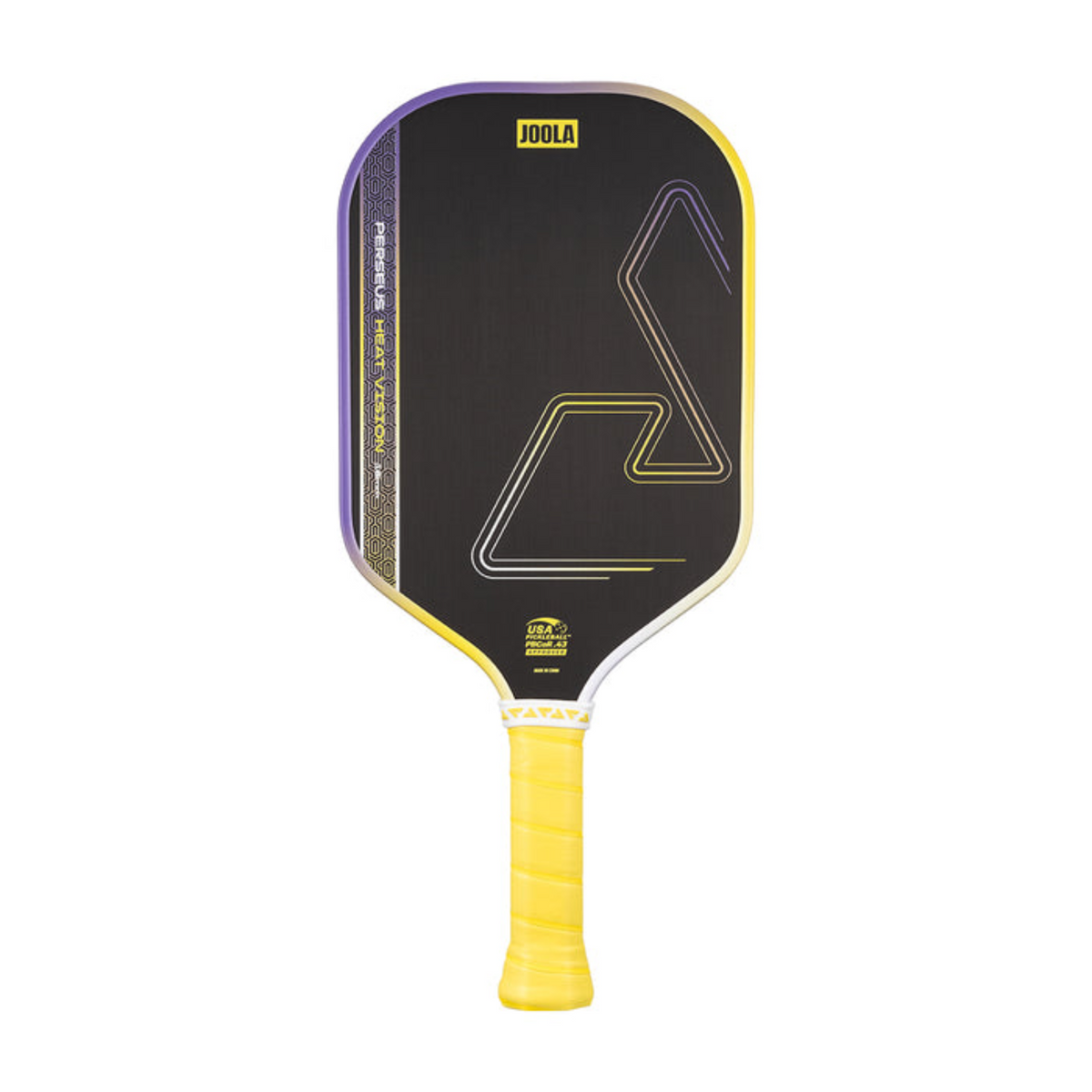 Pickleball paddle with black face and yellow handle on a white background