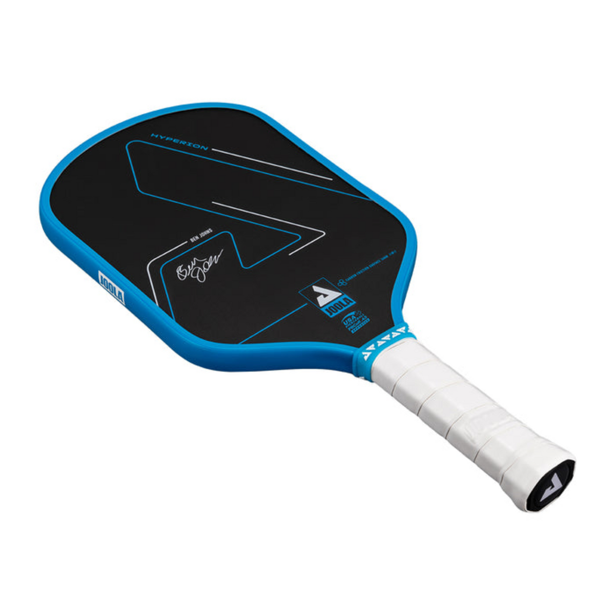 Blue and black pickleball paddle with white handle on a white background