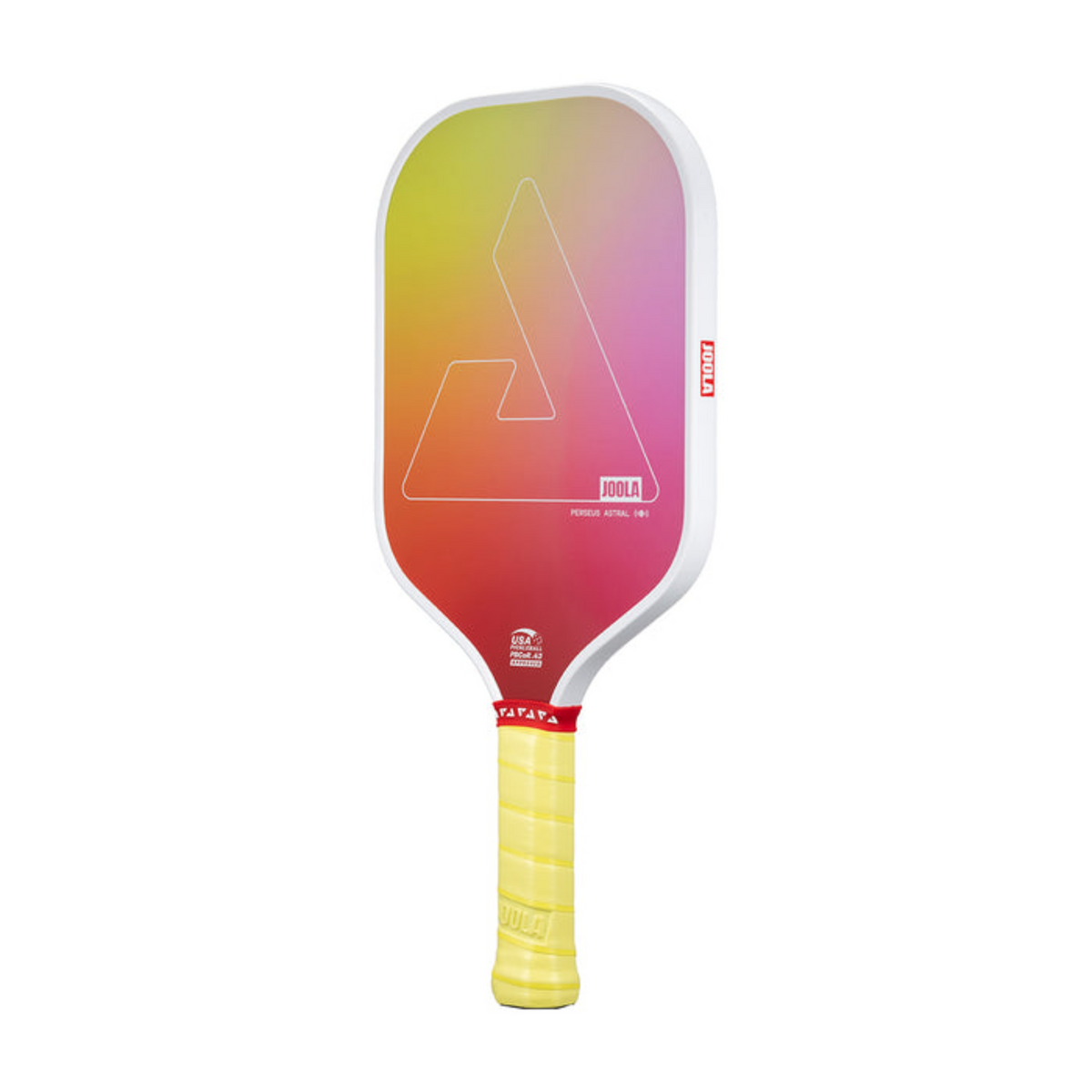 Colorful pickleball paddle with gradient design on a white background