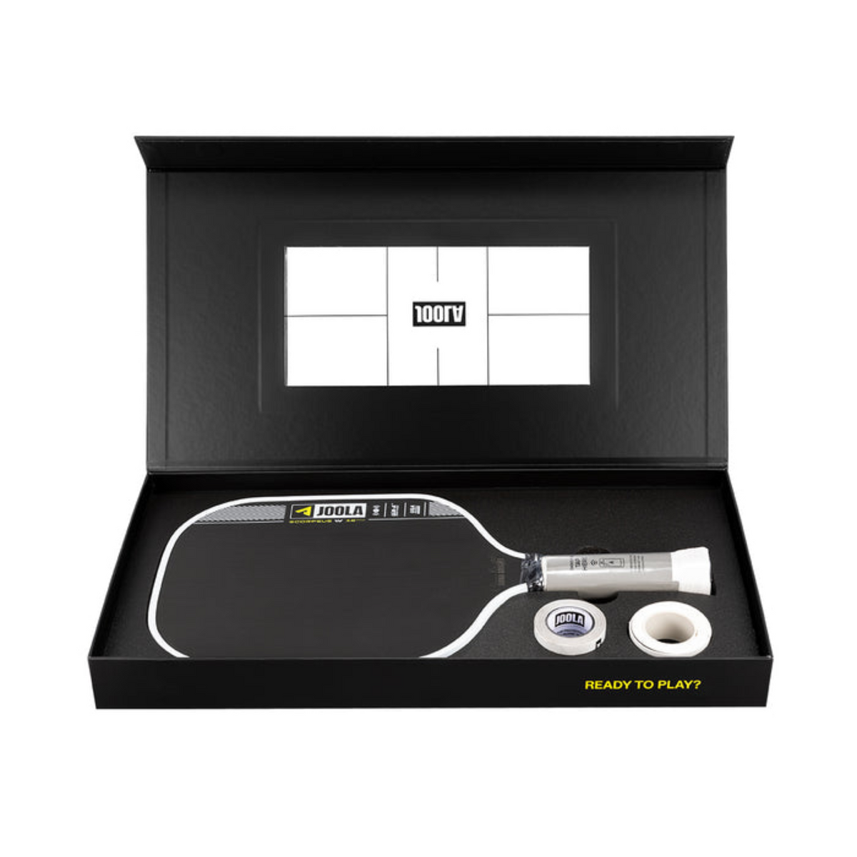 Joola pickleball paddle and ball set in a black box with 100TV branding.
